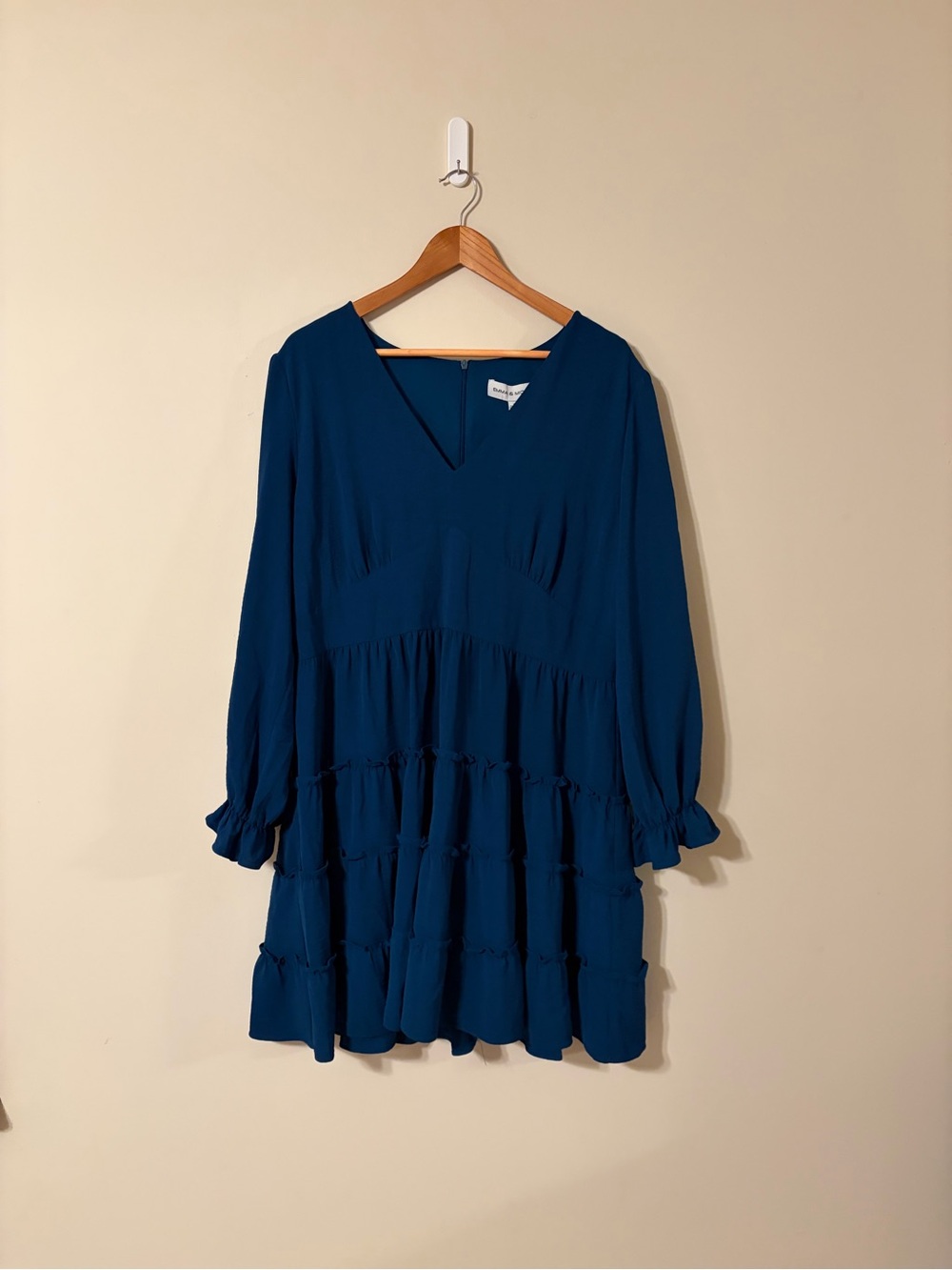Emma & Michele Deep Teal V-Neck Tiered Long-Sleeve Dress